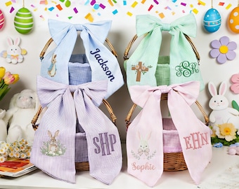 Personalized Easter Basket Bow with Embroidered Name, Monogrammed Seersucker Easter Basket Bow, Bunny Baskets Bow with Name or Monogram