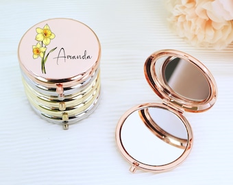 Personalized Bridesmaids Mini Makeup Mirror,Custom Name Pocket Mirror with Birth Flower,Bridal Shower Gifts,Wedding Gifts,Graduation Gift