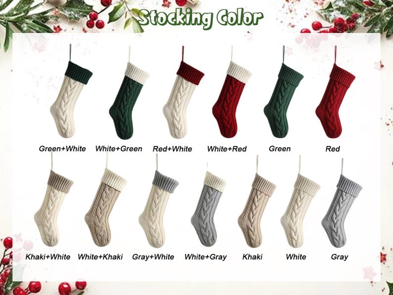 Puede incluir: Una colecci&oacute;n de calcetines navide&ntilde;os de punto trenzado en varios colores, incluyendo verde, rojo, blanco, caqui y gris. Cada calcet&iacute;n tiene un lazo para colgar y se muestra con combinaciones de colores como verde y blanco, y rojo y blanco. El texto "Stocking Color" est&aacute; en la parte superior.