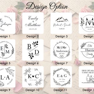 May include: Twelve different wedding stamp designs with various fonts and styles. The designs include names, dates, and phrases like "Eternal Love" and "Forever Starts Now".