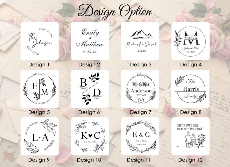 May include: Twelve different wedding stamp designs with various fonts and styles. The designs include names, dates, and phrases like "Eternal Love" and "Forever Starts Now".