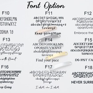 May include: A white background with 18 different font options labeled F10 through F18. Each font option displays the alphabet in uppercase and lowercase, along with a sample phrase. The phrases include "Joshua 1:9", "Keep going! Mam", "Embrace the suck", "Run with Heart", "Find your pace", "DO NOT FALTER", "Keep Going", and "I AM. who I AM".