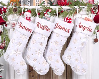 Medias navideñas bordadas personalizadas 2025, medias navideñas familiares con lentejuelas y copos de nieve, decoración familiar, calcetines de regalo, bolsas de regalo.