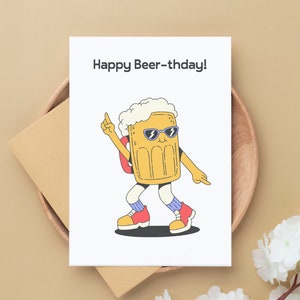 Dansende biermok wenskaart voor een Punny verjaardag - Punny Happy Birthday Card - bier woordspeling Happy Birthday Card - grappige gelukkige verjaardagskaart