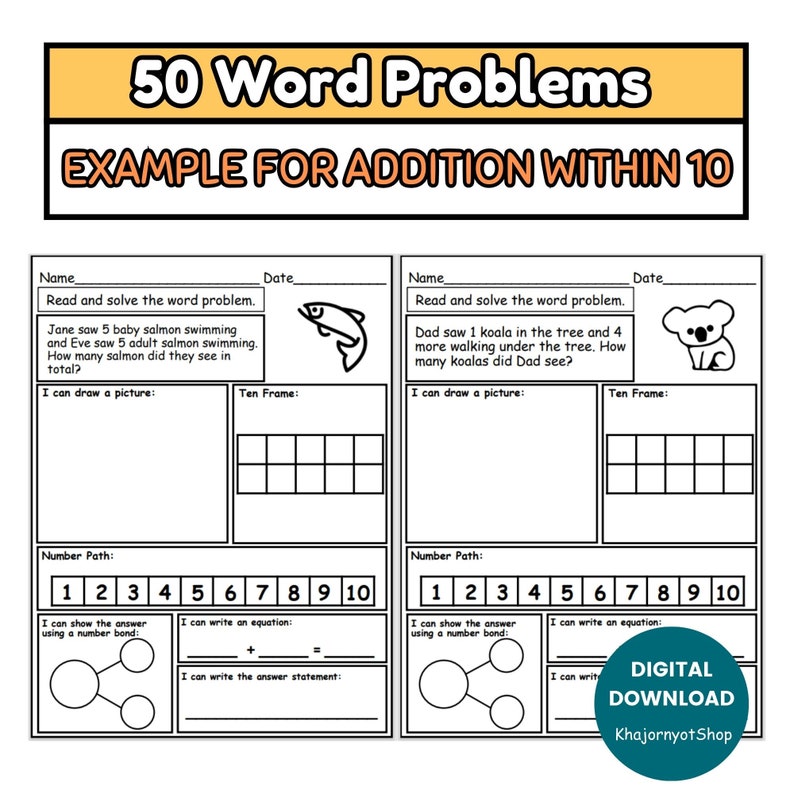 50 Kindergarten Addition Word Problems Worksheets Within 10, Homeschool ...