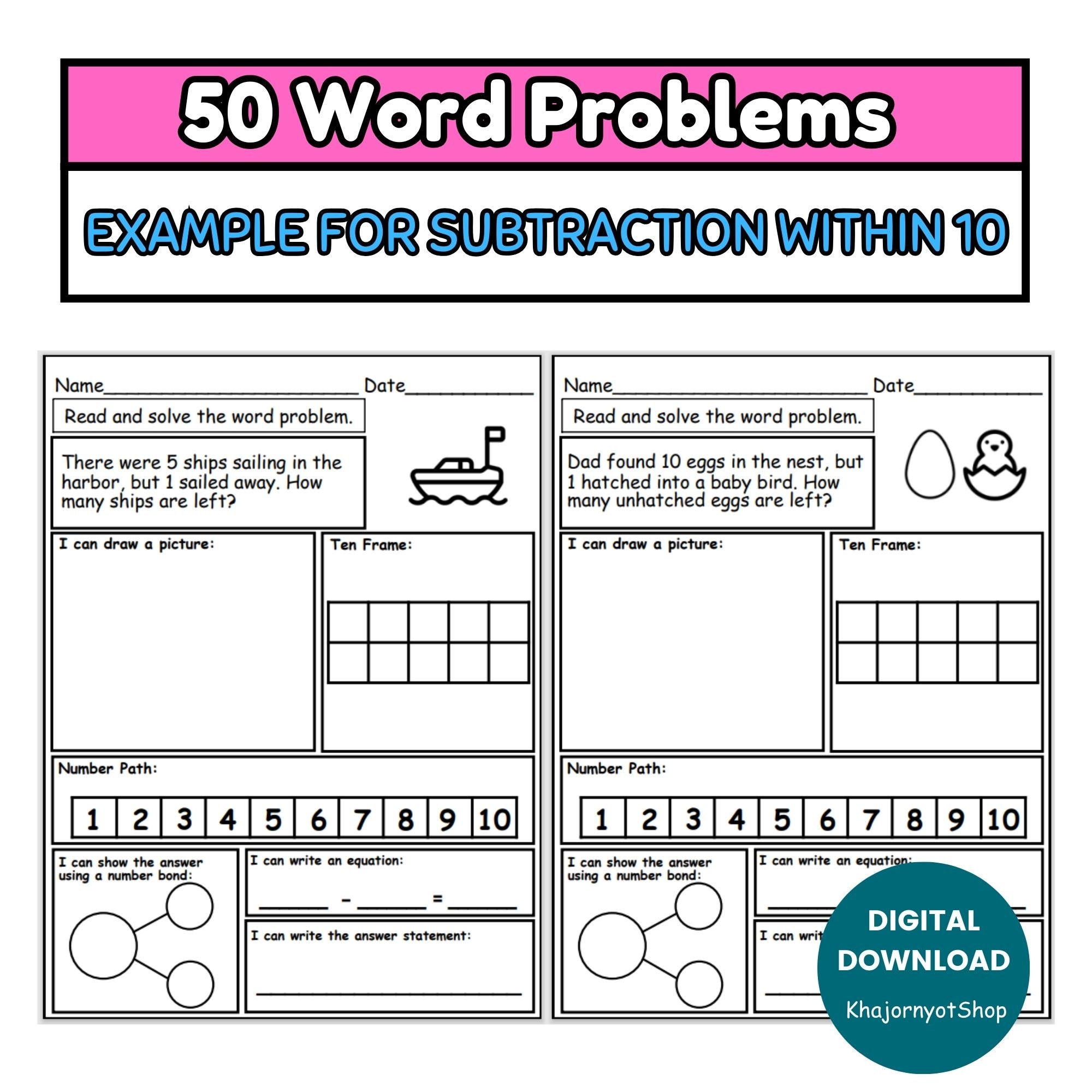 50 Kindergarten Addition and Substraction Word Problems Worksheets ...