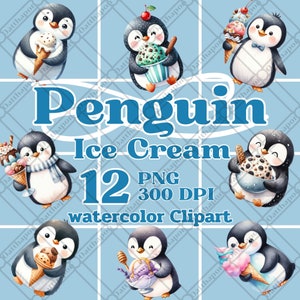 Imágenes prediseñadas de acuarela, helado de pingüino, PNG de acuarela, cena, PNG de pingüino, delicioso, para niños, 12PNG, descarga digital, uso comercial