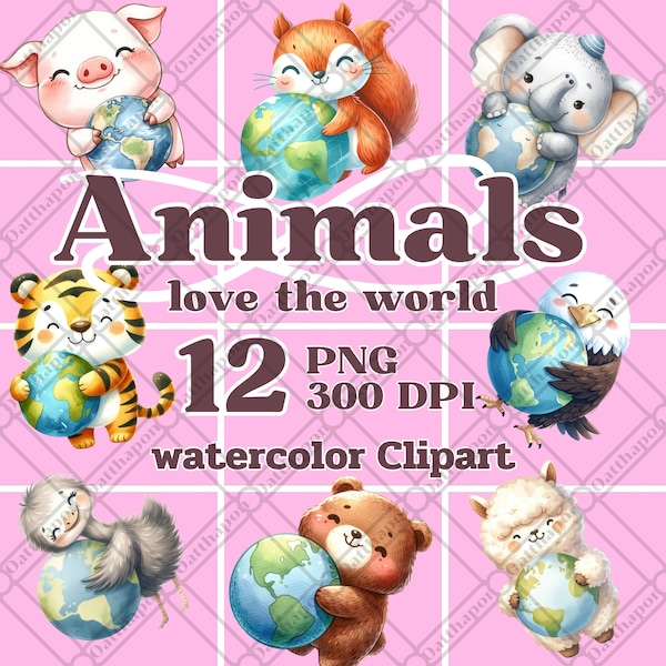 Watercolor safari clipart animals love the world digital download PNG pig elephant tiger bear