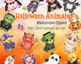 Halloween Animals, PNG Halloween Clipart, Cute Halloween Animals, Halloween animal watercolors, Halloween Animals Clipart, Commercial Use
