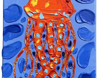Jellyfish Acrylic Painting on Canvas, Pop Art Embossed Texture, 8x10