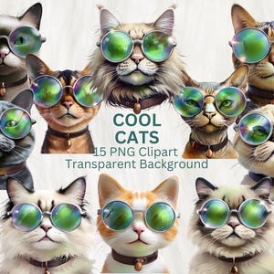 Adorable Cool Cats with Shades, 15 PNG Clipart Bundle, Instant Download, Commercial & Personal Use