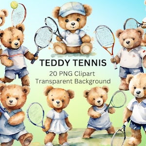 Tennis Teddy Clipart, 20 PNG Clipart Bundle, sofortiger Download, kommerzieller und persönlicher Gebrauch