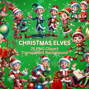 Duendes navideños, elfos, paquete de 25 imágenes prediseñadas PNG, descarga instantánea, uso comercial y personal