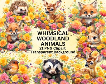 Skurrile Waldtiere Clipart: Floral 21 PNG Bundle (Digitaler Download) Persönliche und Kommerzielle Nutzung