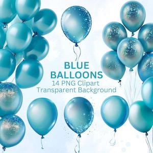 Elegante blauwe ballonnen, 14 png-clipartbundel, direct downloaden, commercieel en persoonlijk gebruik