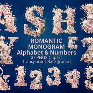 Romantisch bloemen alfabet en cijfers clipart, romantische png-set, instant download, commercieel gebruik, persoonlijk gebruik, 37 afbeeldingen