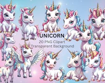 Cute Unicorn, 20 PNG Clipart Bundle, Instant Download, Commercial & Personal Use, Baby Unicorns