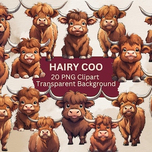 Puede incluir: Veinte ilustraciones digitales de vacas Highland de dibujos animados, lindas y con pelaje marrón esponjoso. Las vacas están en varias poses, incluyendo de pie, sentadas y acostadas. El fondo es transparente.