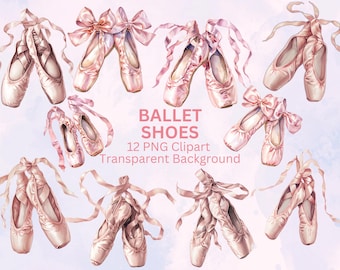 Paquete de imágenes prediseñadas de elegantes zapatillas de ballet (descarga instantánea, uso comercial y personal, acuarela, bailarina)