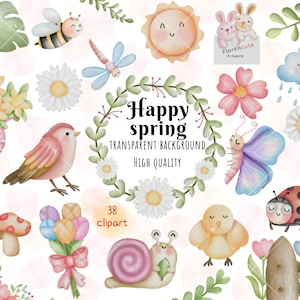 Happy spring clipart,spring flower clipart , spring animal, watercolor spring , garden, nature clipart, spring png decor ,hand drawn