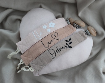 Muselin Schnullerkette personalisiert mit Name | Baby Schnullerband | Handgemacht | Holzclip | Geschenk | Geburt | Komfort| CreativeCurves