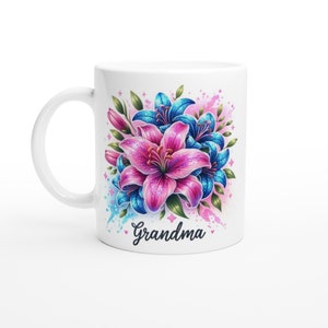 Grandma Pink and Blue Lilies Ceramic Mug 11oz in White or with a Black, Blue or Pink Trim zdjęcie 8