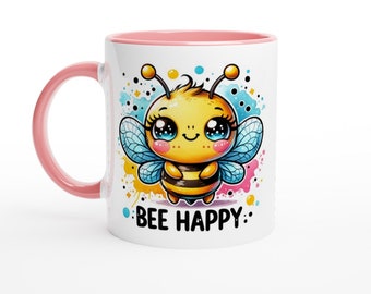 Bee Happy - Ceramic Mug 11oz in White or with Pink, Yellow, Blue or Black Trim