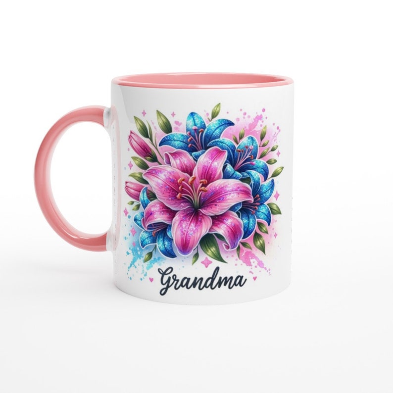 Grandma Pink and Blue Lilies Ceramic Mug 11oz in White or with a Black, Blue or Pink Trim zdjęcie 2