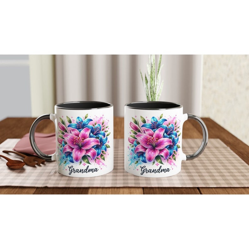 Grandma Pink and Blue Lilies Ceramic Mug 11oz in White or with a Black, Blue or Pink Trim zdjęcie 6