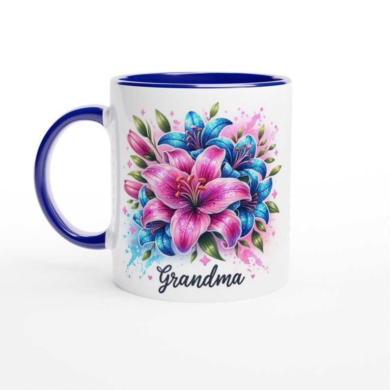 Grandma Pink and Blue Lilies Ceramic Mug 11oz in White or with a Black, Blue or Pink Trim zdjęcie 3