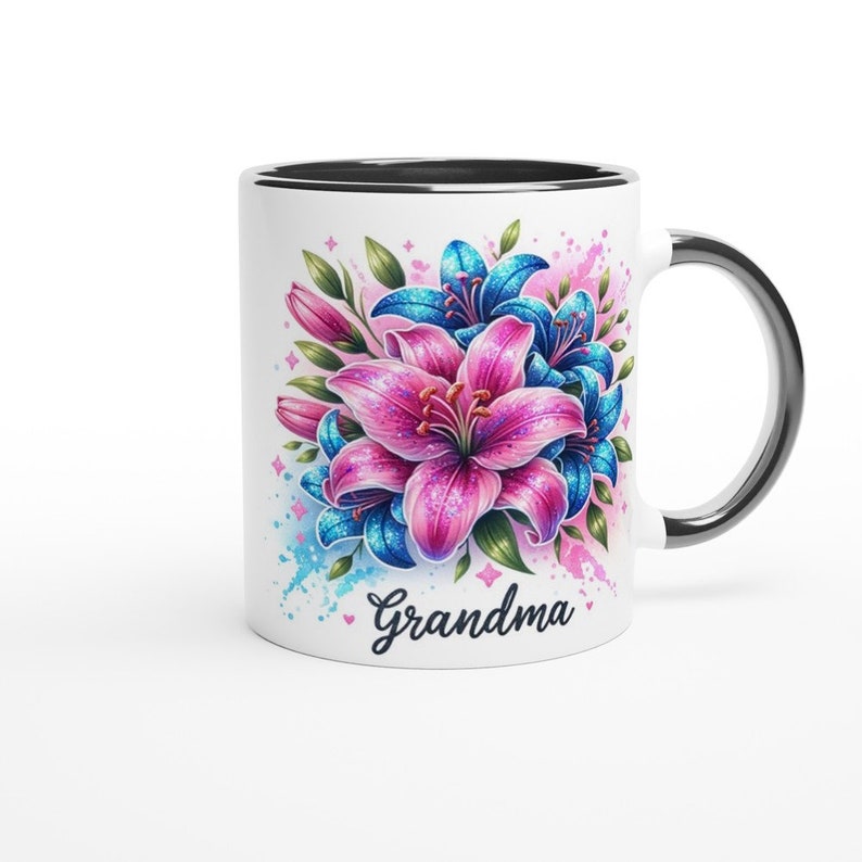 Grandma Pink and Blue Lilies Ceramic Mug 11oz in White or with a Black, Blue or Pink Trim zdjęcie 5