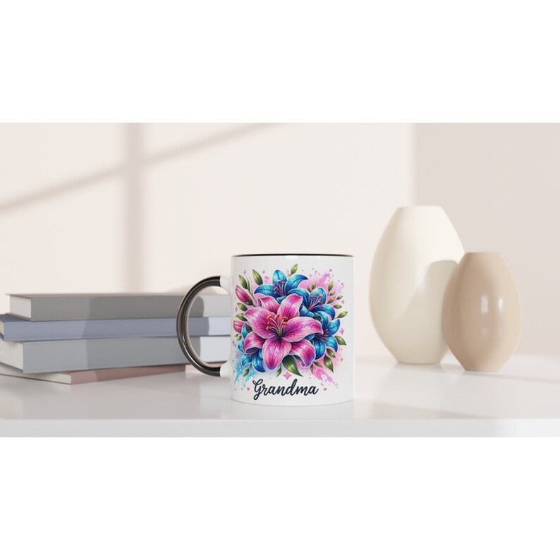 Grandma Pink and Blue Lilies Ceramic Mug 11oz in White or with a Black, Blue or Pink Trim zdjęcie 7