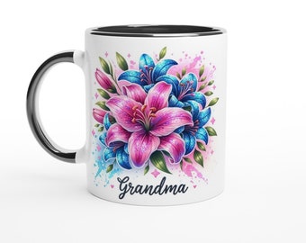 Grandma Pink and Blue Lilies - Ceramic Mug 11oz in White or with a Black, Blue or Pink Trim