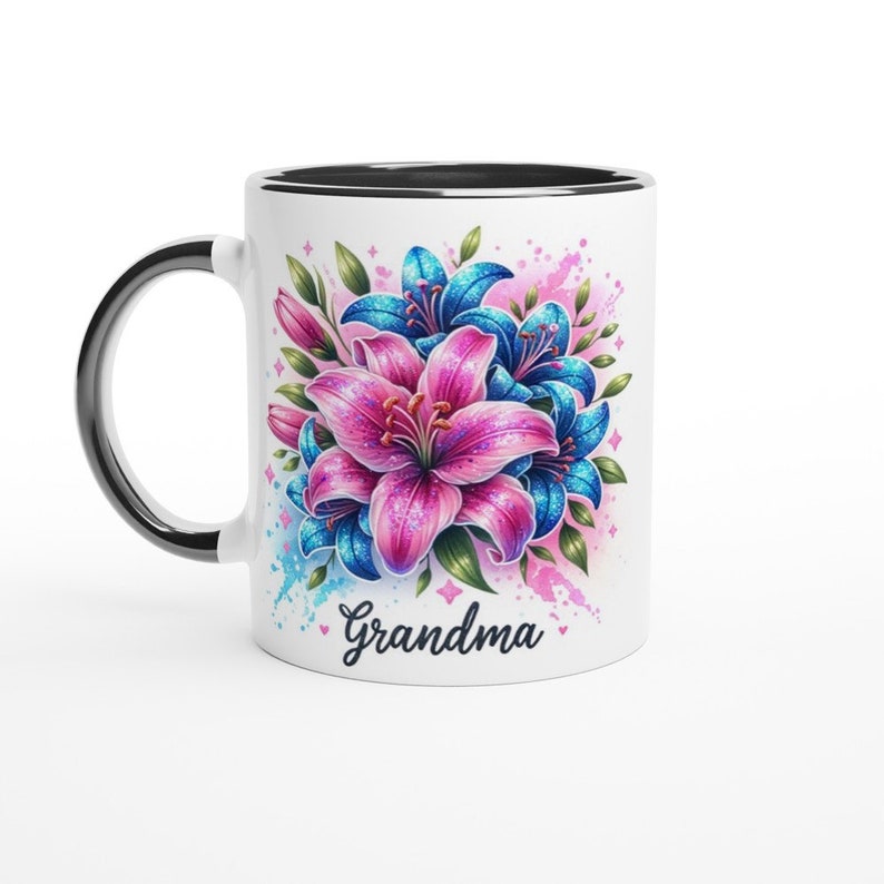 Grandma Pink and Blue Lilies Ceramic Mug 11oz in White or with a Black, Blue or Pink Trim zdjęcie 1