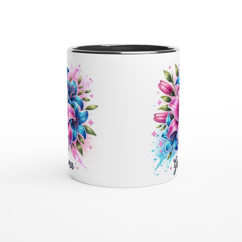 Grandma Pink and Blue Lilies Ceramic Mug 11oz in White or with a Black, Blue or Pink Trim zdjęcie 4