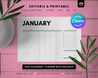Printable 2024 Monthly Calendar PDF Minimalist Calendar Sunday & Monday ...