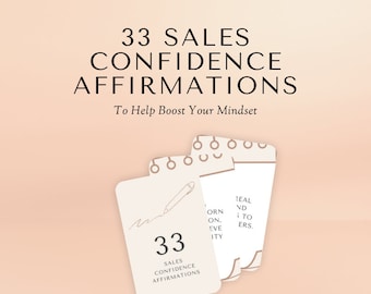 May include: A set of 33 cards with affirmations to help boost sales confidence. The cards are white with brown text and a pencil icon. The text on the cards reads "33 Sales Confidence Affirmations".