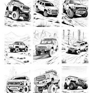 May include: A collection of nine black and white line drawings of off-road vehicles. The vehicles are all different makes and models, and they are all shown driving on dirt roads. Some of the vehicles have roof racks and other accessories.