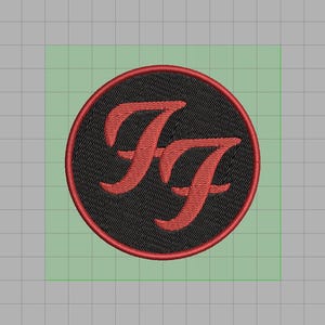 May include: Embroidered patch featuring the Foo Fighters logo. The design includes the letters "FF" in red, set against a black circular background with a red border. The patch is on a light green square.