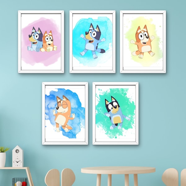 Bluey Set of 5 x Print bundle, Bluey, Bingo, Bluey Print, Kids, Children Nursery Bedroom Decor, Watercolor Poster Print, Mum, Dad