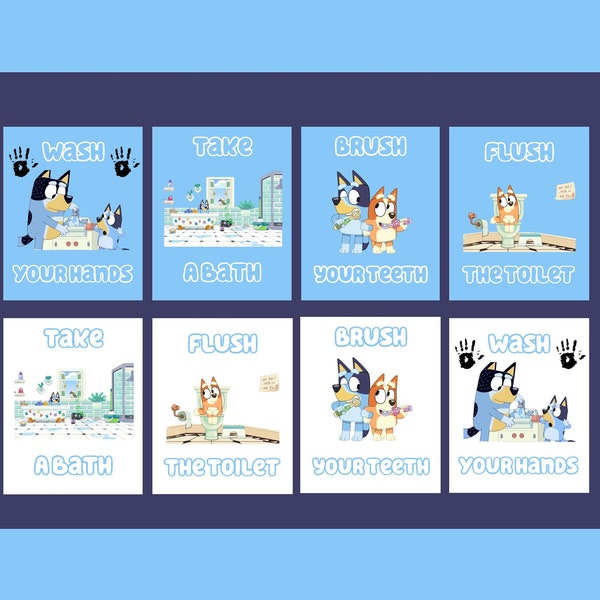 Bluey wall art, Set of 4 x Print bundle, Bluey, Bingo, Bluey Print, Kids, Children Bathroom Decor, downloadable Poster Print, PDF, PNG