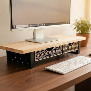 May include: A light-colored wooden monitor stand featuring two drawers with intricate geometric laser-cut patterns on the front panels. The stand is supported by black side legs with a hexagonal cutout design, providing an elevated platform.