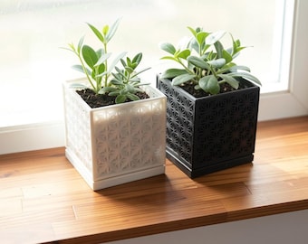 Kumiko Asanoha Pattern Indoor Plant Pot with Drainage Tray, 3D Printed Eco Planter
