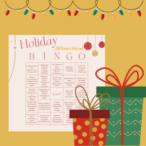 以下が含まれることがあります： クリスマスのテーマで、ホリデーディフューザーブレンドのビンゴカード。カードには、「Feeling Festive」、「Winter Wonderland」、「Evergreen Wreath」、「Frozen Lake」、「Heart Grew 3 Sizes」、「Where the Heart Be」、「Reindeer Games」、「Gingerbread」、「Winter Solstice」、「Great Miracle」、「Oh Christmas Tree」、「Teach Peace」、「Free」、「Cookie Exchange」、「Manifest」、「Egg Nog」、「Joyful Heart」、「Snowed In」、「Cozy Fire」、「Infinite Love」、「Unity」、「Knitted Minions」、「Fire」、「Seamoss」など、さまざまなエッセンシャルオイルブレンドが掲載されています。