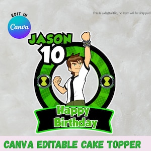 May include: A cake topper featuring a cartoon character with the name "Jason" and the number "10". The design includes a green and black circular element, the words "Happy Birthday", and the text "CANVA EDITABLE CAKE TOPPER".