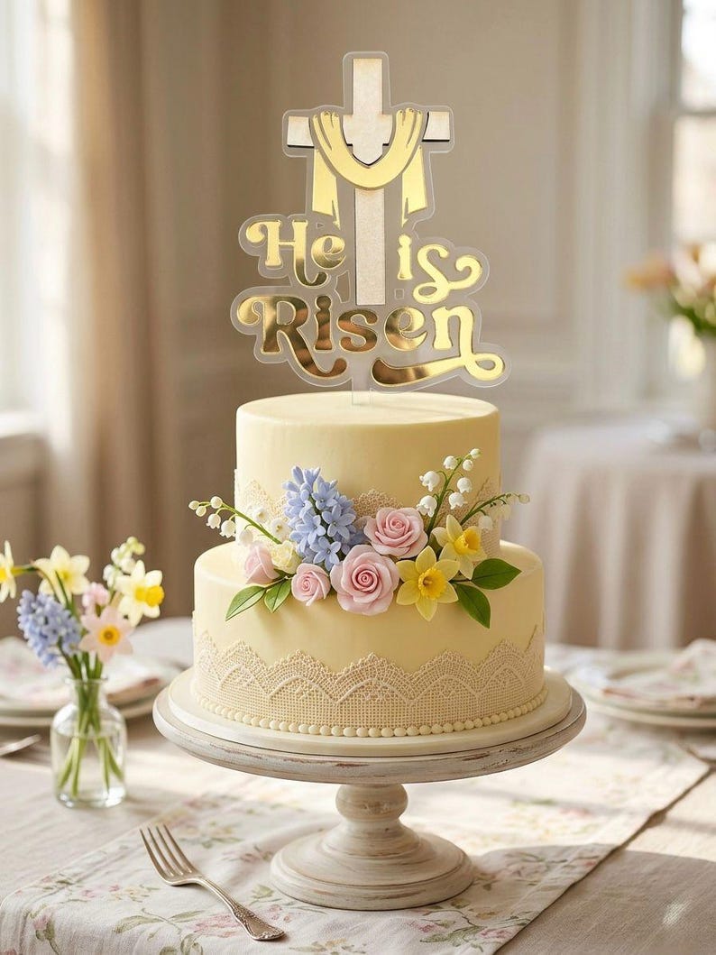 He is Risen Easter Cake Topper, Gold Mirror Acrylic Cross Dessert Decor ...