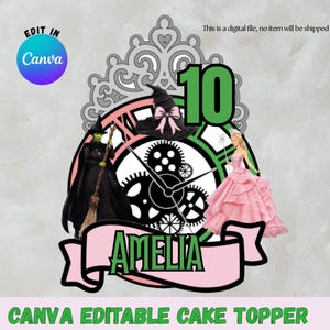 Pode incluir: Um design de topo de bolo com um mostrador de relógio verde e preto. Apresenta uma bruxa, uma princesa e o número 10. O nome "AMELIA" é exibido em uma faixa rosa. O texto "CANVA EDITABLE CAKE TOPPER" também está presente.