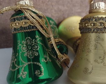 Vintage Krebs Christmas bell shaped ornaments with gold glitter (set of 4)