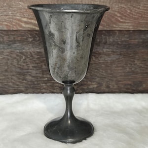 May include: A silver goblet with a wide, flared bowl and a tall, slender stem. The goblet has a smooth, polished surface and a slightly tarnished appearance.