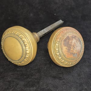 Antique Bronze Door Knobs, Egg & Dart Design, 2.25” Vintage Doorknobs, Rare Split Spindle, Architectural Salvage